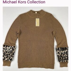 MICHAEL Michael Kors Camel Crewneck Sweater with Leopard Cuffs